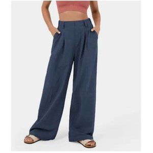 Halara Navy High Waisted Plicated Wide Leg Flowy Solid Palazzo Pants L NWT